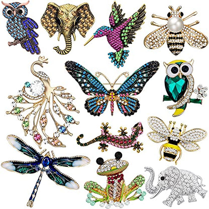 12 Pcs Women Brooches Bulk Vintage Rhinestone Pin Set - style: Animal