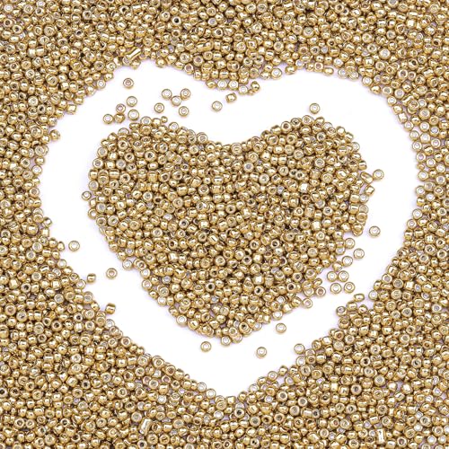 Legefo 4mm Glass Seed Beads Bulk, Gold 6/0 Small Mini Pony Seed Beads, Tiny Round Craft Bead for Bracelet Necklace Wrist Jewelry Making Beading Weaving DIY Crafts Supplies, 1000pcs - color: Gold
