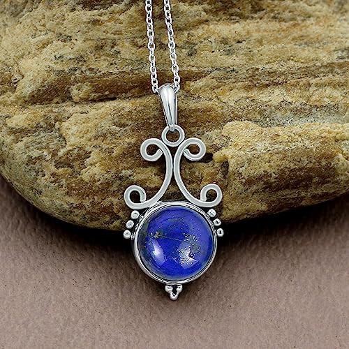 Natural Round Gemstone Pendant Necklace for Women, 925 Sterling Silver | Solitaire Birthstone Jewelry With 18 Inch Chain, Handmade Semi Precious Stone Pendant, Jewelry Gift for Mom, Wife & Sister - color: Lapis Lazuli