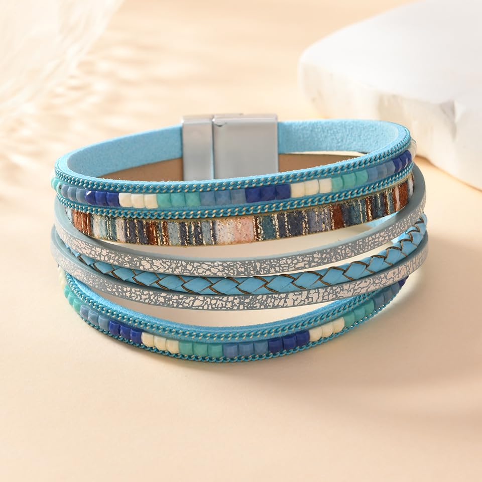 Women's Multi Layer Leather Wrap Bracelet String Bracelets for Women, Boho Braid Multi-Layer Crystal Beads Cuff Women Bracelet Jewelry - color: Light Blue