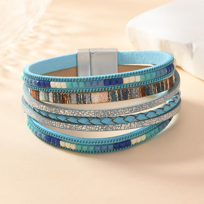 Women's Multi Layer Leather Wrap Bracelet String Bracelets for Women, Boho Braid Multi-Layer Crystal Beads Cuff Women Bracelet Jewelry - color: Light Blue