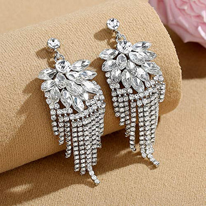 Silver Rhinestone Crystal Bridal Chandelier Long Tassels Dangle Earrings for Wedding - color: G-7