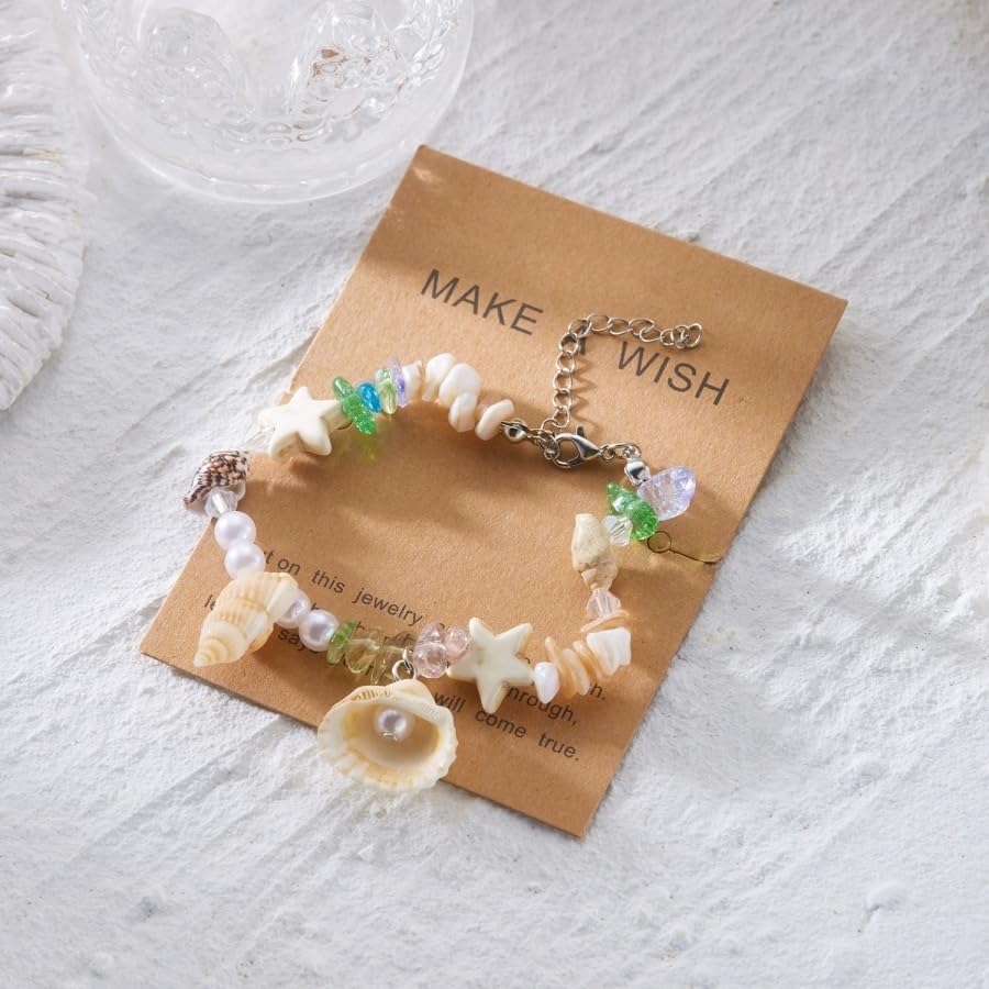 Handmade Natural Shell Starfish Beads Bracelets with a Wish Card Bohemia Sweet Seashell Conch Pearl Charm Bracelets for Women Boho Sea Themed Summer Beach Surfer Vacation Jewelry Gifts - style: StyleH