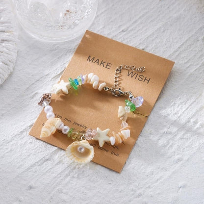 Handmade Natural Shell Starfish Beads Bracelets with a Wish Card Bohemia Sweet Seashell Conch Pearl Charm Bracelets for Women Boho Sea Themed Summer Beach Surfer Vacation Jewelry Gifts - style: StyleH