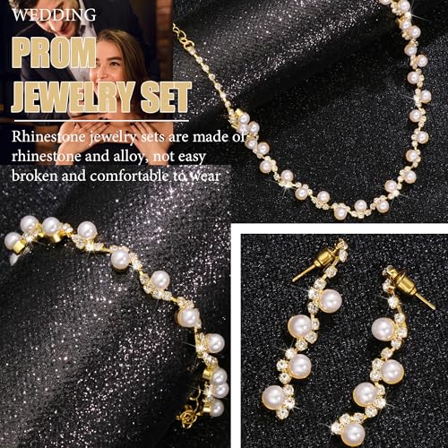 Rhinestone Jewelry Set Crystal Pearl Necklace Bracelet Earrings | Sparkly Necklace Dangle Earrings,Wedding Prom Formal Costume Jewelry Sets for Women - color: Gold2