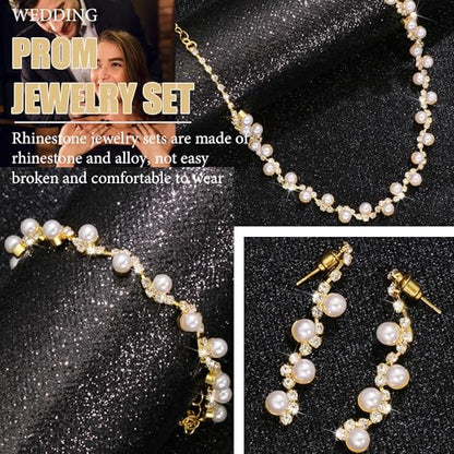 Rhinestone Jewelry Set Crystal Pearl Necklace Bracelet Earrings | Sparkly Necklace Dangle Earrings,Wedding Prom Formal Costume Jewelry Sets for Women - color: Gold2