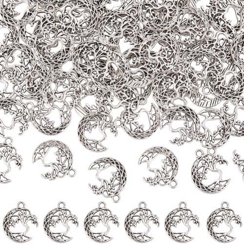 SUNNYCLUE 1 Box 80Pcs Hollow Moon Charms Tree of Life Charm Metal Alloy Tibetan Vintage Silver Celestial Crescent Plant Charm for Jewelry Making Charms DIY Earrings Keychain Necklace Bracelet Crafting