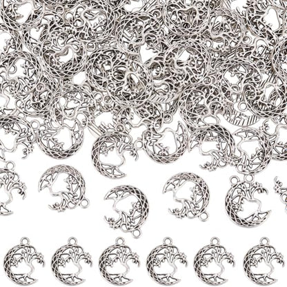 SUNNYCLUE 1 Box 80Pcs Hollow Moon Charms Tree of Life Charm Metal Alloy Tibetan Vintage Silver Celestial Crescent Plant Charm for Jewelry Making Charms DIY Earrings Keychain Necklace Bracelet Crafting