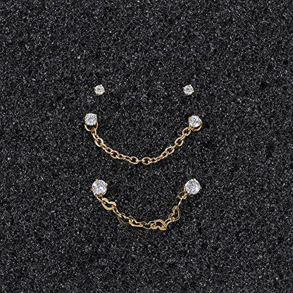 PunkTracker 20G Nose Rings 2mm 2.5mm 3mm CZ Nose Studs | with Chains Surgical Steel Nose Piercing Jewelry Nose Ring Studs - style: Gold, L-Shape, B