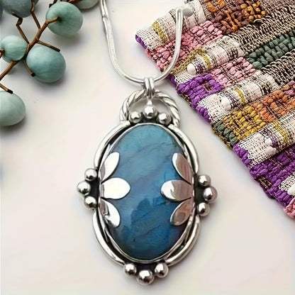 1 Pc, Silver Tone Snake Chain, Vintage Floral Labradorite Pendant Necklace, Boho Ethnic Style, Trendy Outfit Matching Jewelry (Silver)