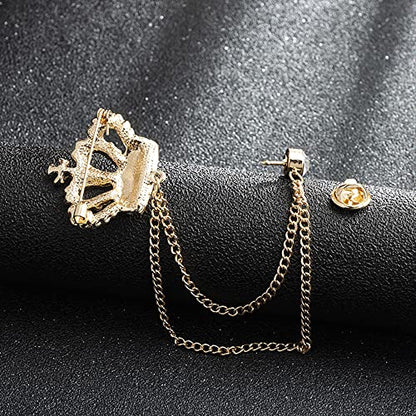 Rhinestone Crown Long Chain Brooch.Gold Silver Tassel Brooch Pin,Retro Crystal Suit Pins Collar Coat Pin for Men's Accessories Pin Husband Gifts - color: Gold 2