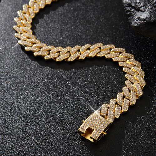 Mens Cuban Link Chain Iced Out Cuban Necklace 18K Gold & Silver Plated Chain For Men Women 14mm Hip Hop Jewelry - color: 14K Gold, size: 24Inches