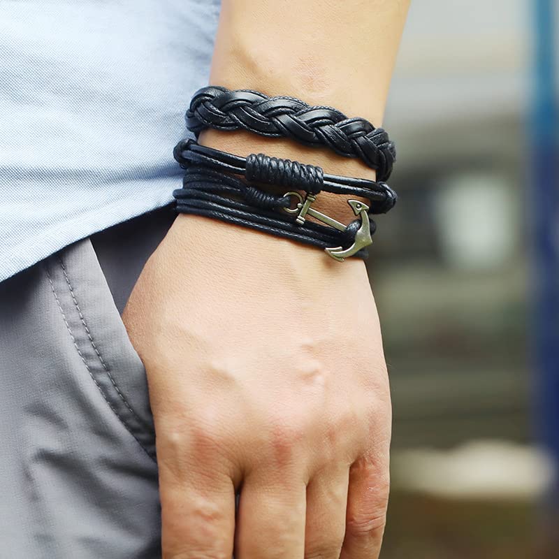 Leather Cuff Bracelet for Men Women, Multilayer Braided Wristband, Adjustable 6.5-9.5 Inches Wrap Bracelets Punk Gothic Grunge - color: Anchor set - 6Pcs
