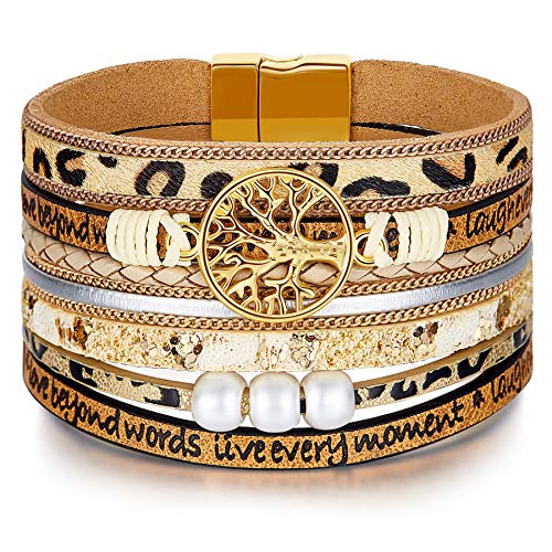 Desimtion Inspirational Tree of Life Boho Leather Wrap Bangle Bracelets for Women, Teen Girl Gifts Trendy Stuff, Fashion Accessories Jewelry Gifts for Women Girls - color: Leopard