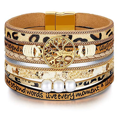 Desimtion Inspirational Tree of Life Boho Leather Wrap Bangle Bracelets for Women, Teen Girl Gifts Trendy Stuff, Fashion Accessories Jewelry Gifts for Women Girls - color: Leopard