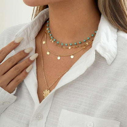Layered Gold Necklace Set with Coin Pendant Boho Beaded Design Adjustable Chain Jewelry for Everyday Stacking Accessories - color: C