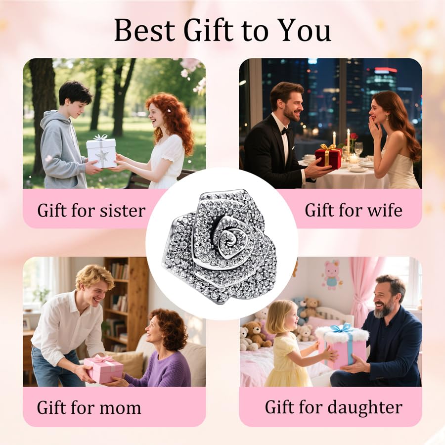 925 Sterling Silver Bead Charm for Pandora Bracelets and Necklaces,Pink Bow Cherry Butterfly Blue Ocean Pendant Bead Charms Jewelry Present Valentines Gifts for Wife/Girlfriend Women - style: Big Silver Sparkling Rose