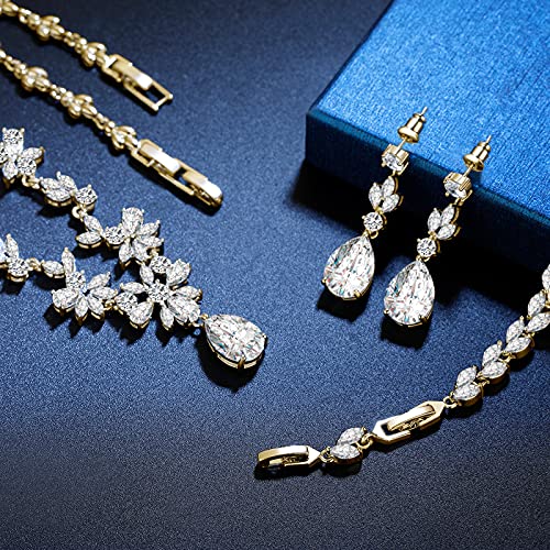GULICX Wedding Jewelry for Bride, Silver Bridal Necklace Earrings Bracelet Set with Clear Cubic Zirconia, Bridemaids Jewelry Set for Wedding, Crystal Wedding Party Jewelry Set for Women Girls - color: Gold Plated