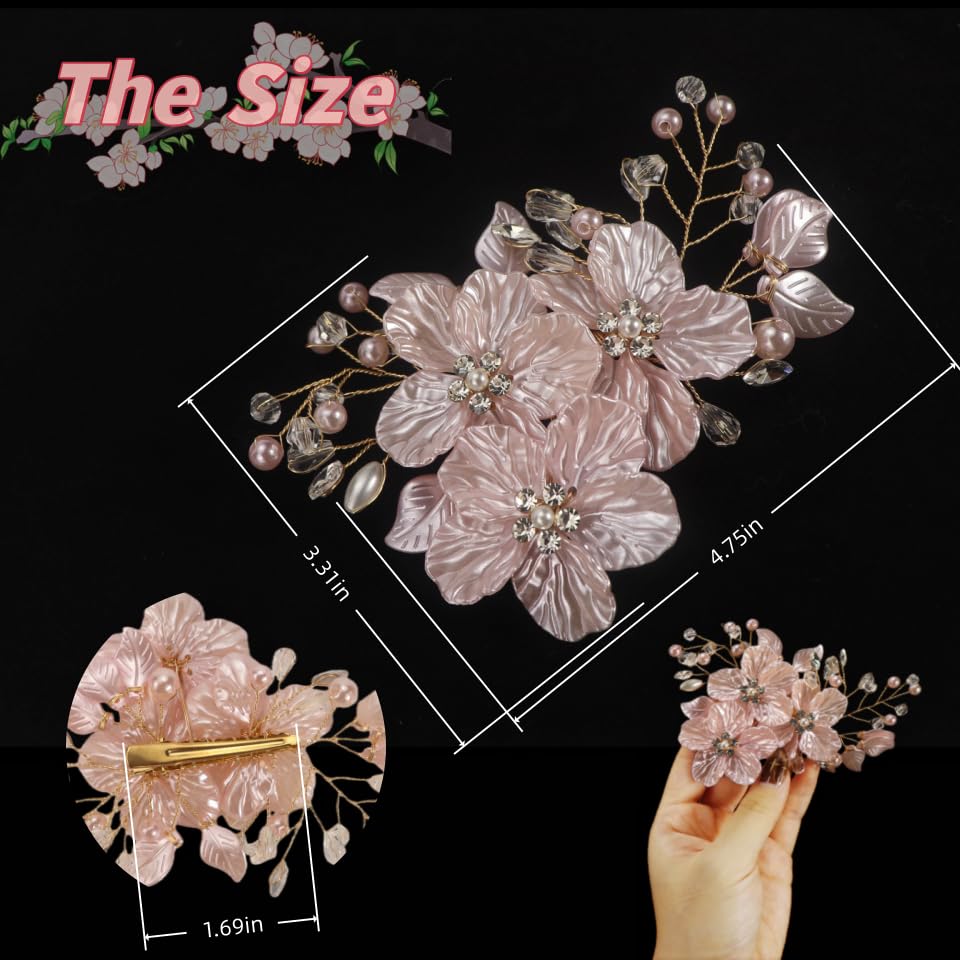 Luxury Pink Pearl Flower Hair Clip for Women,Glitter Petal Hairpin with Rhinestones & Pearl Decor，Wedding Headpiece for Bride, Floral Hair Accessories for Birthday Prom Party Gifts
