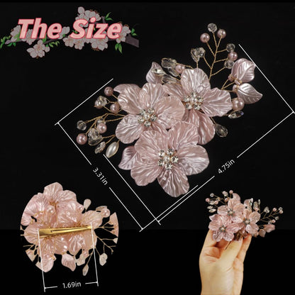 Luxury Pink Pearl Flower Hair Clip for Women,Glitter Petal Hairpin with Rhinestones & Pearl Decor，Wedding Headpiece for Bride, Floral Hair Accessories for Birthday Prom Party Gifts