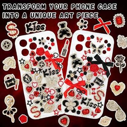 RidaaFri Junk Phone Case Charms Kit, Red Black 3D Large Charms Set | DIY Case Craft Flatback Rhinestone Gems with Bow Flower Heart Rose, Phone Making Supplies Women Aesthetic Personalization - color: Black/Red