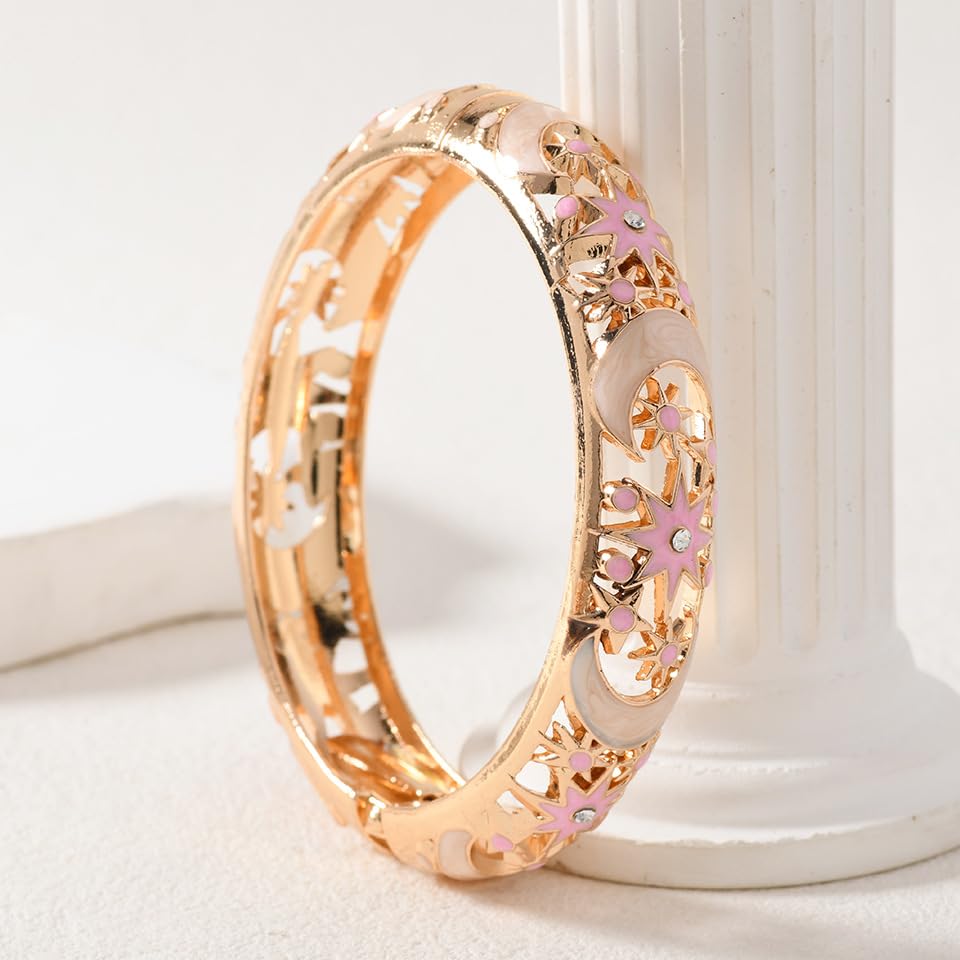 Cloisonne Bracelet For Women, Chunky Bangle Trendy Cute Flower Enamel Bangles Multi Tone Engraved Cuff Gold Plated Bracelets Stackable Wife Jewelry Friendship Gift - color: Hollow Star Sun Moon Pink