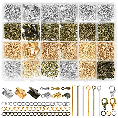 Jewelry Making DIY Kit Accessories, Jewelry Repair Tool Set with Ribbon Crimp Ends, Lobster Clasps, Head Pins, Eye Pins, Jump Rings, Extender Chain, Teardrop Dangle End Beads, Cord Crimp End Tips