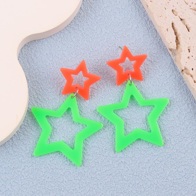 Colorful 80s 90s Neon Star Earrings for Women Retro Glow Party Costume 80s 90s Acrylic Dangle Earrings Outfit - style: Symmetrical Orange and Green