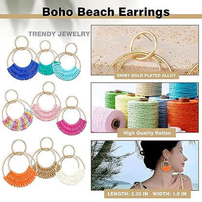 Raffia Hoop Earrings for Women Fun Boho Summer Beach Earrings Lightweight Handmade Straw Wicker Rattan Dangle Earrings Statement Geometric Round Drop Earrings - color: Black - Round