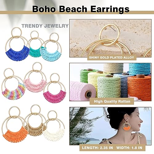 Raffia Hoop Earrings for Women Fun Boho Summer Beach Earrings Lightweight Handmade Straw Wicker Rattan Dangle Earrings Statement Geometric Round Drop Earrings - color: Green - Round