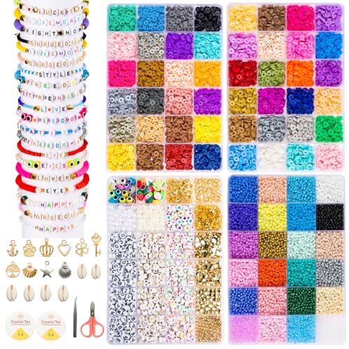 Goldwise Friendship Bracelet Kit 4 Boxes-13078 Pcs 72 Colors Bracelet Making Kits with Clay, Glass Seed and 3 Styles Letter Beads with Charms for DIY Craft Gift - size: 4 Boxes-Eras