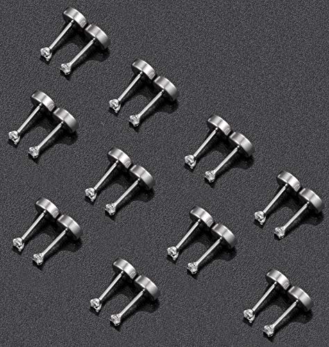 Tornito 10 Pairs Tiny Cartilage Stud Earrings Stainless Steel Small Round CZ Ball Barbell Stud Earrings Tragus Piercing Earring Set for Men Women Screw Flat Back 20G - style: A:10 Pairs,CZ