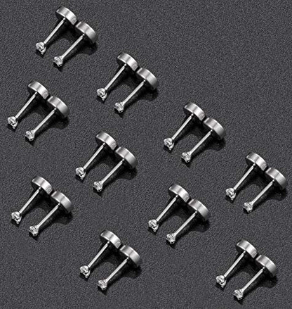Tornito 10 Pairs Tiny Cartilage Stud Earrings Stainless Steel Small Round CZ Ball Barbell Stud Earrings Tragus Piercing Earring Set for Men Women Screw Flat Back 20G - style: A:10 Pairs,CZ