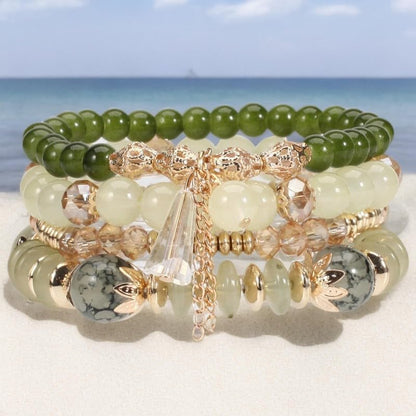 Caiyao 4Pcs Bohemia Multilayer Stackable Beaded Bracelets Set Colorful Crystal Stone Gold Beaded Stretch Bracelets Hawaii Charm Bracelet for Women Men Summer Beach Boho Vacation Jewelry Gifts - color: Green