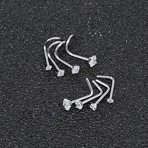 ZS 6-14PCS 20g Tiny Nose Stud Ring Piercing Surgical Steel Nose Bone/L Shaped/Nose Screws Rings Set - color: A:8pcs Mixed Style(1.5mm/2mm/2.5mm/3mm CZ)
