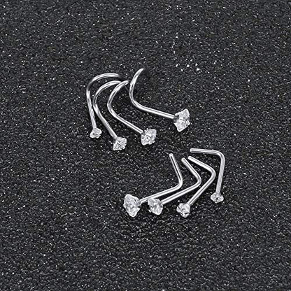 ZS 6-14PCS 20g Tiny Nose Stud Ring Piercing Surgical Steel Nose Bone/L Shaped/Nose Screws Rings Set - color: A:8pcs Mixed Style(1.5mm/2mm/2.5mm/3mm CZ)