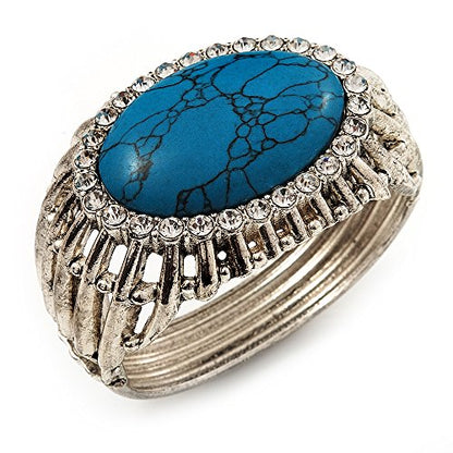 Avalaya Vintage Oval Shape Turquoise Stone, Crystal Hinged Bangle Bracelet