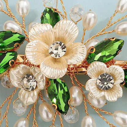 Xerling Green Rhinestones Emerald Crystal Flower Hair Barrettes Clip Boho Bridal Pearl Hair Jewelry Accessories for Women Wedding Floral Headpieces (Emerald) - color: Emerald