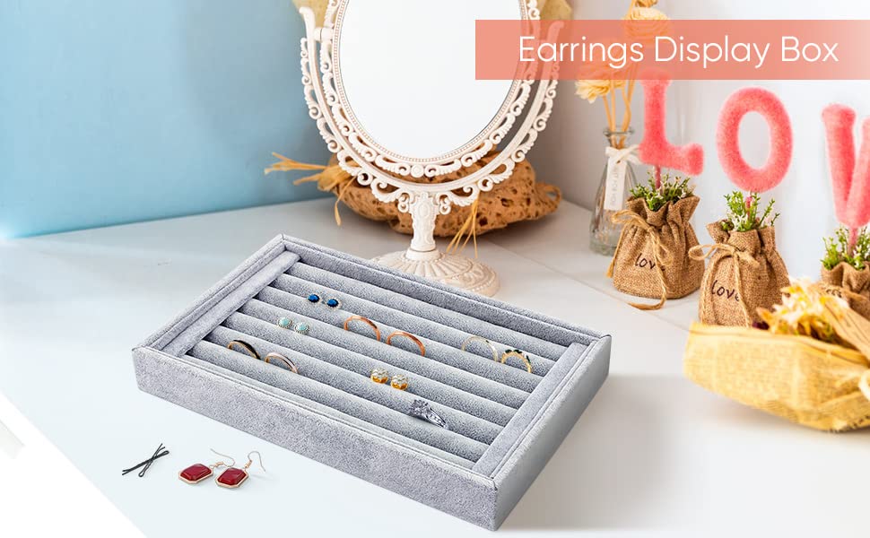 Estink Jewelry Display Tray 9" Velvet Ring Earrings Holder Organizer | Soft lining, 7-slot insert for rings, compact 9x6 inch vanity , ideal for or drawer storage