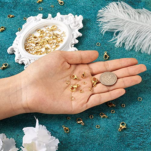 PH PandaHall 220Pcs Stainless Steel Lobster Claw Clasps Open Jump Rings Set Real 24K Gold Plated Jewelry Lobster Clasp 5 Sizes Bracelet Necklace Clasp Closures for Jewelry Making, 1 Box