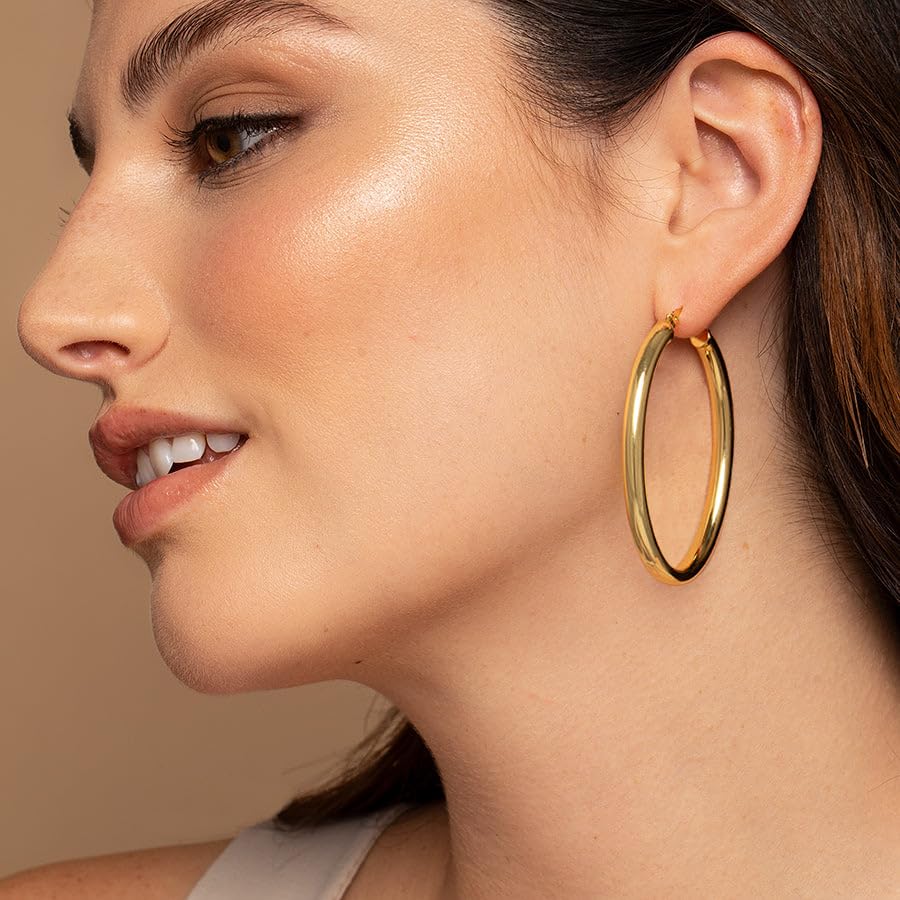 4mm Thick Gold Chunky Earrings Steling Silver Post Hoops Earrings For Women Hollow Tube Hoops Earrings Thick Gold Hoop Earrings Hypoallergenic Lightweight Gold Hoop Large Earrings 20/30/40/50/60MM - color: Gold,50mm
