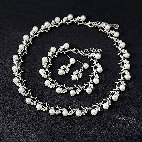 tenghong2021 Fashion Classic Faux Pearl Jewelry Set Necklace Bracelet Earrings for Women Best Gift - color: Silver Leaf