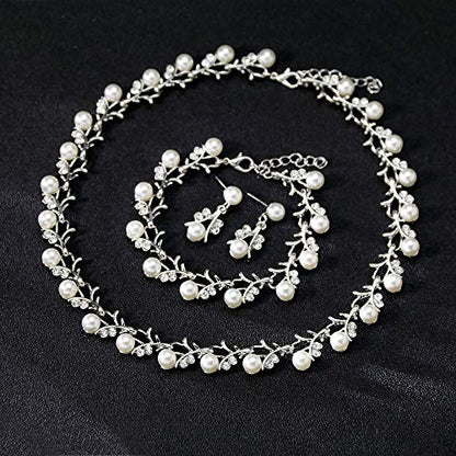 tenghong2021 Fashion Classic Faux Pearl Jewelry Set Necklace Bracelet Earrings for Women Best Gift - color: Silver Leaf