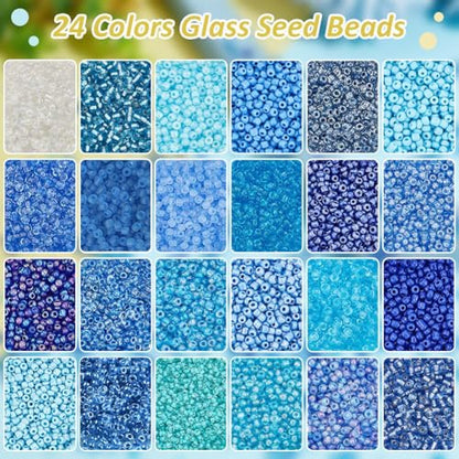 PH PandaHall 12000PCS 24 Styles Glass Seed Beads 3~4mm 8/0 Blue Friendship Waist Bead Round Tiny Loose Spacer Beads Small Craft Seed Mini Glass Bead for Summer Seaside Beading Weaving Bracelet