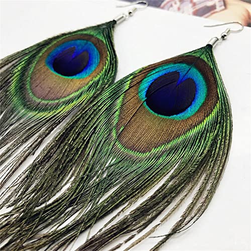 Long Feather Earrings Multicolor Tassel Feather Earrings Handmade Boho Bohemian Peacock Feather Hook Earrings for Women Jewelry - style: without bead