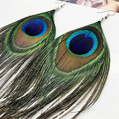 Long Feather Earrings Multicolor Tassel Feather Earrings Handmade Boho Bohemian Peacock Feather Hook Earrings for Women Jewelry - style: without bead
