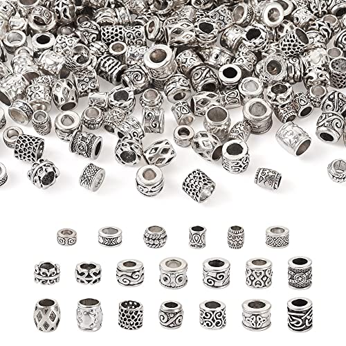 Craftdady 200pcs Antique Silver Tibetan European Large Hole Beads 20 Style Column Metal Loose Spacer Beads Barrel Tube Beads 5.5~9mm for DIY Craft Bracelet Necklace Jewelry Making - color: Antique Silver-20 style,10pcs/style