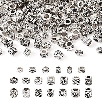 Craftdady 200pcs Antique Silver Tibetan European Large Hole Beads 20 Style Column Metal Loose Spacer Beads Barrel Tube Beads 5.5~9mm for DIY Craft Bracelet Necklace Jewelry Making - color: Antique Silver-20 style,10pcs/style