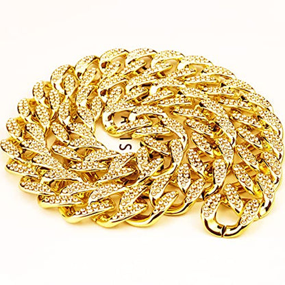Plastic Shiny CZ Rhinestone Curb Cuban Link Chain Gold Silver Miami Hip Hop Chain Bling Diamond-Cut Chunky Turnover Necklace 80s 90s Costume Accessory for Men Women Unisex - color: Gold