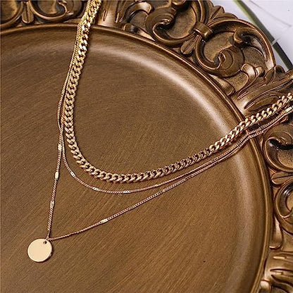 ASCOMY Layered Necklaces for Women Dainty Gold Necklace 14K Gold Plated Herringbone Necklace for Women Pearl Cross Necklace Paperclip Cuban Figaro Rope Satellite Chain Gold Choker Trendy Jewelry Gift - style: 3Layered Cuban Bar Coin-GD